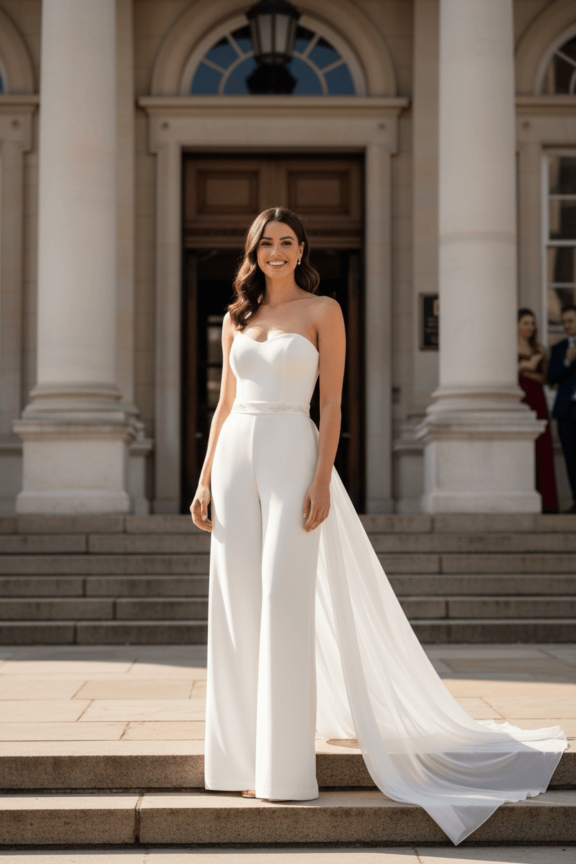 Vue de face d'une combinaison de mariée bustier avec pantalon large et traîne