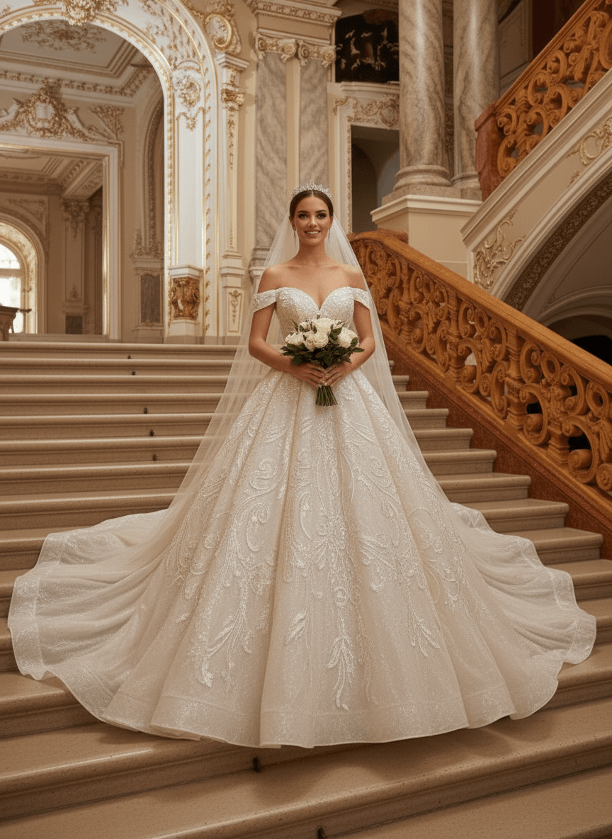 Vue de face d'une robe de mariée princesse longue traîne avec bustier élégant