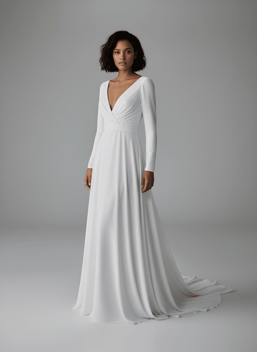 Vue de face d'une robe de mariée fluide avec manches longues et décolleté en V