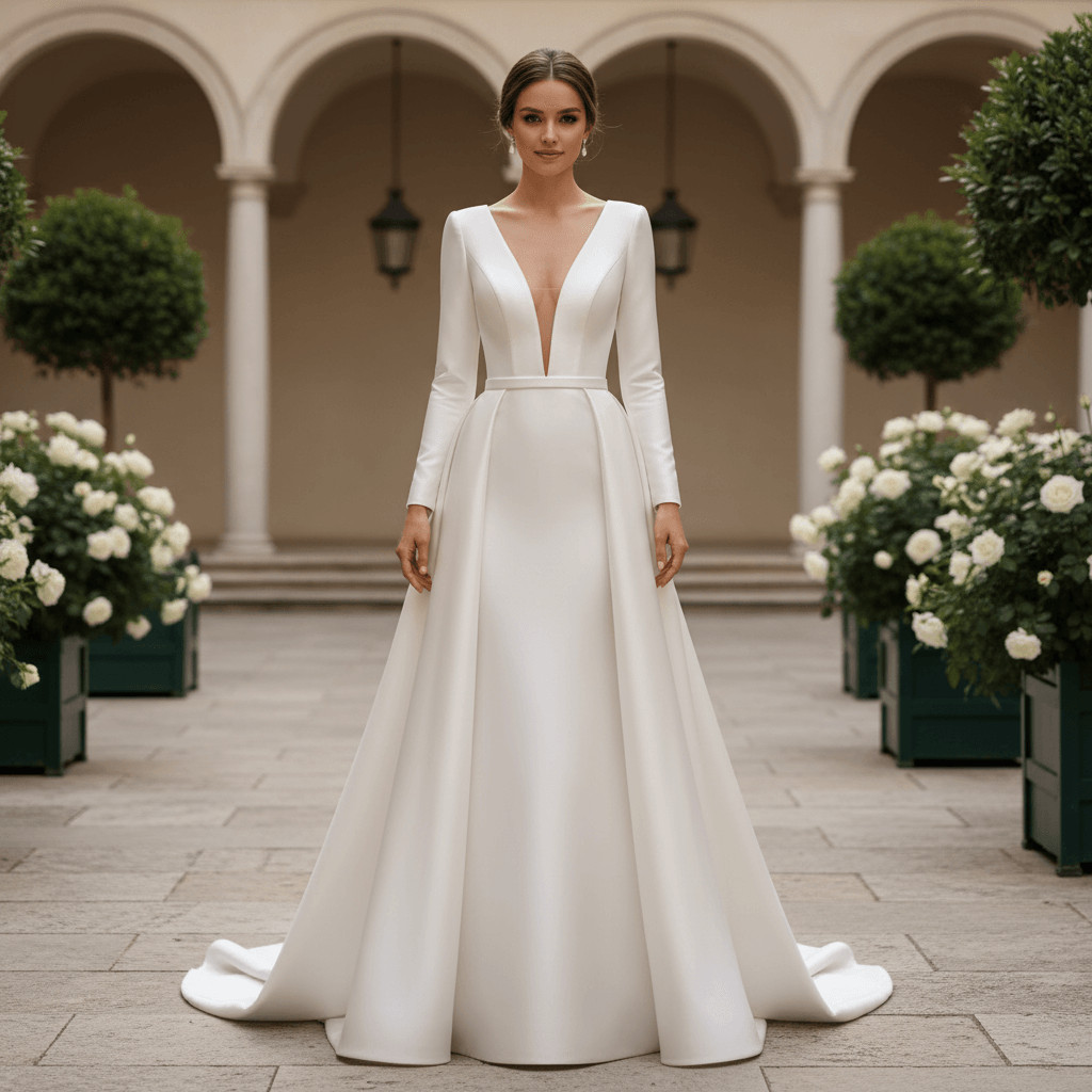 Vue de face d'une robe de mariée satin manches longues avec décolleté plongeant