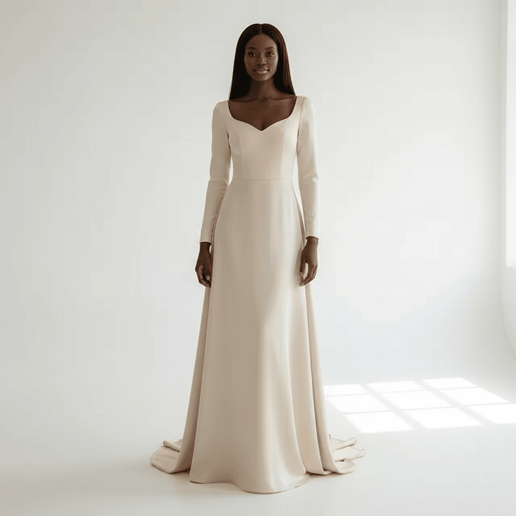 Vue de face d'une robe de mariée simple à manches longues