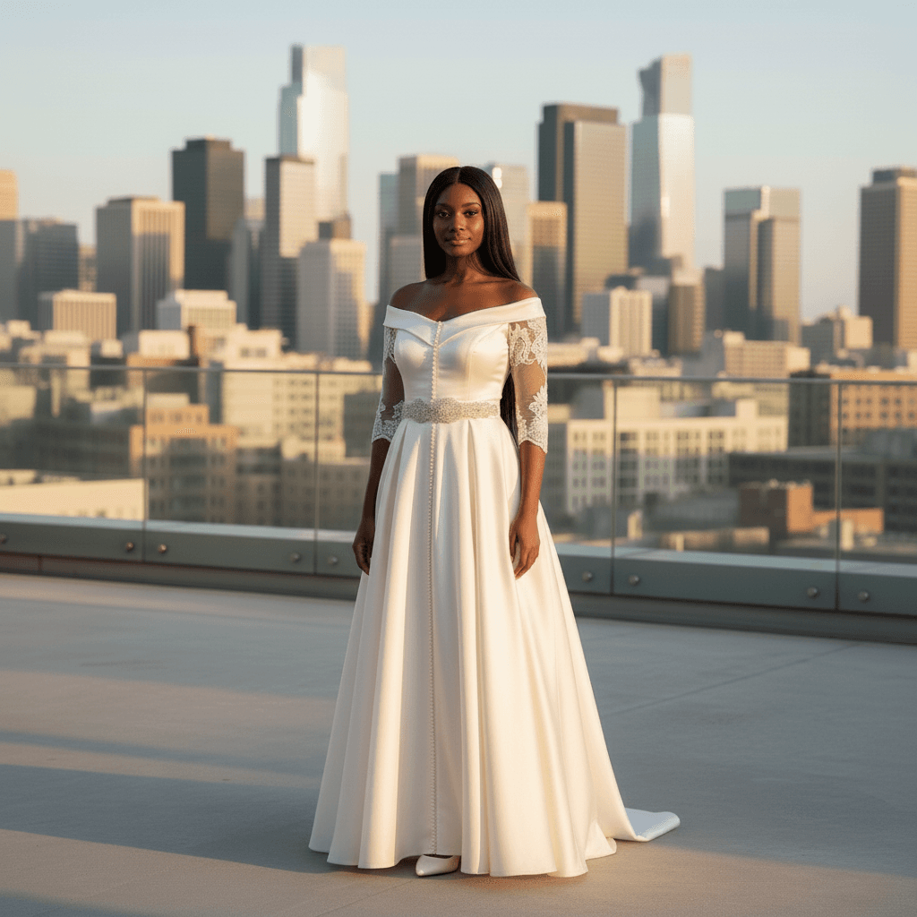 Vue de face d'une robe de mariée marocaine moderne en dentelle et satin