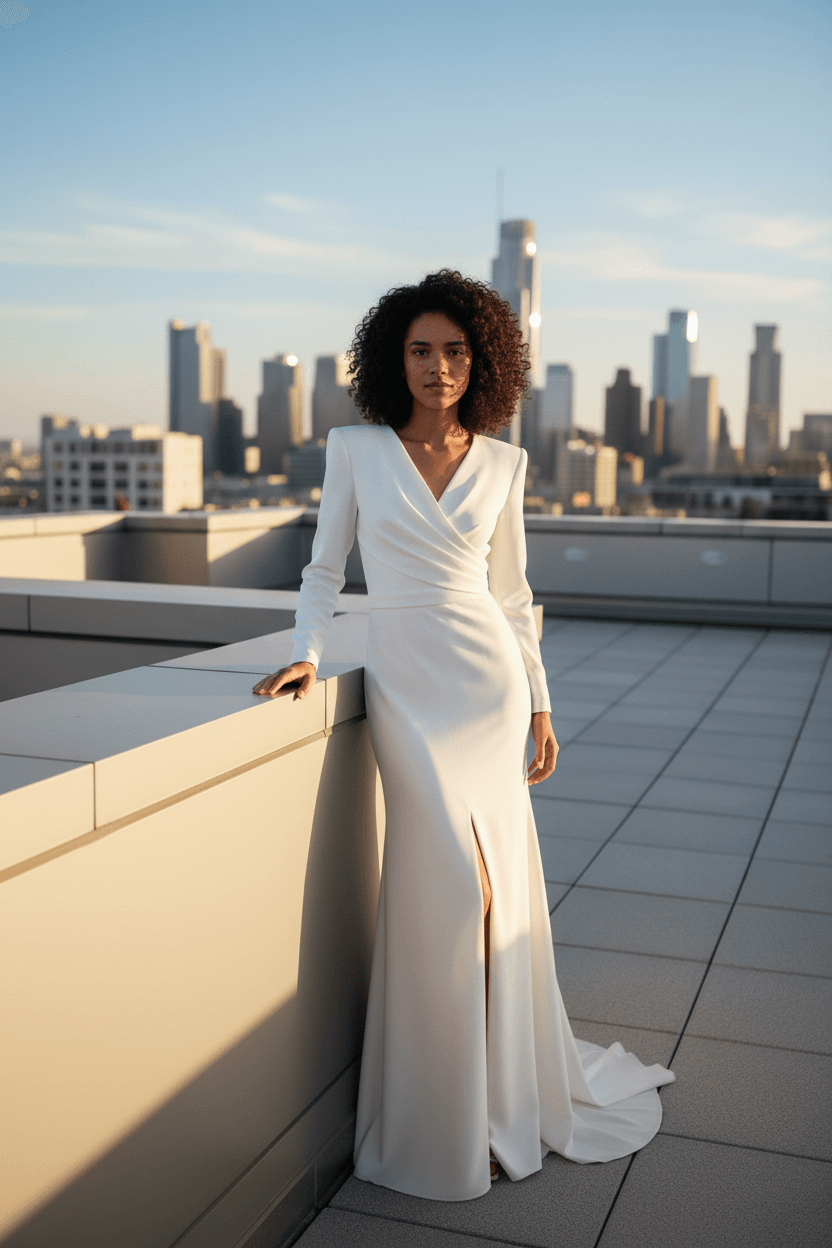 Vue de face d'une robe de mariée chic avec décolleté cache-cœur et fente