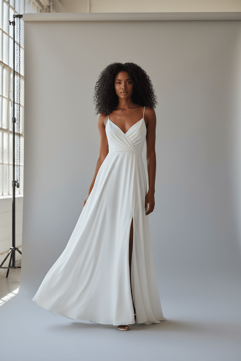 Vue de face d'une robe de mariée originale et simple avec décolleté croisé