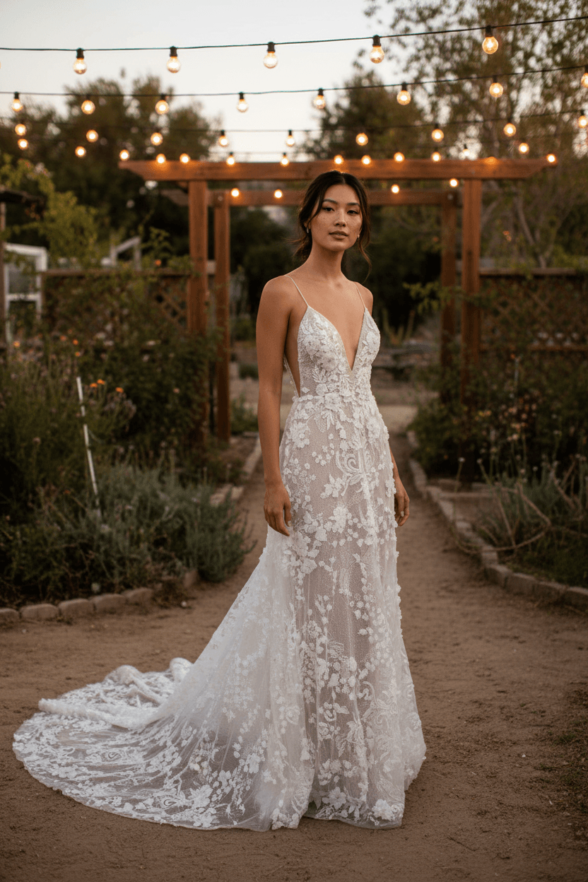 Vue de face d'une robe de mariée plage bohème en dentelle fluide avec décolleté plongeant