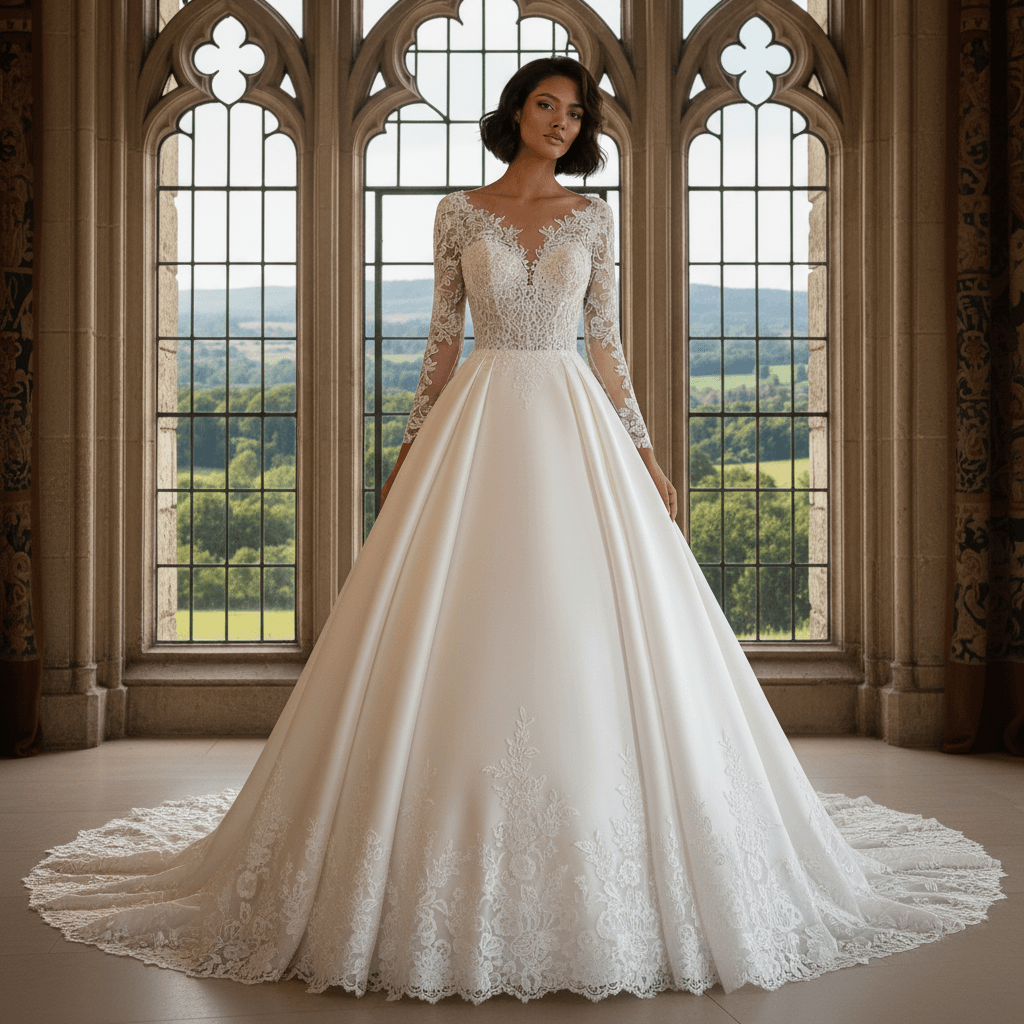 Vue de face d'une robe de mariée princesse bustier dentelle et manches longues