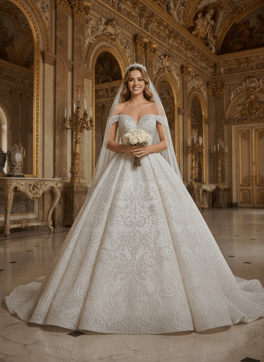 Vue de face d'une robe de mariée princesse à strass scintillante