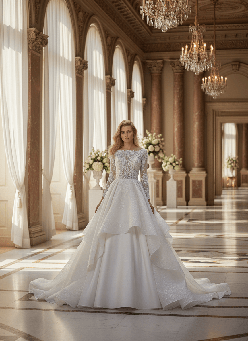 Vue de face d'une robe de mariée princesse manches longues en dentelle