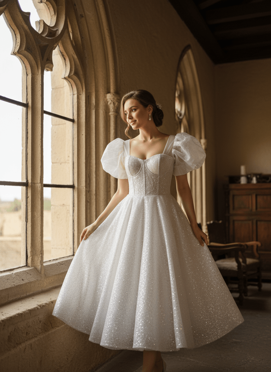 Vue de face d'une robe de mariée princesse paillette avec manches bouffantes