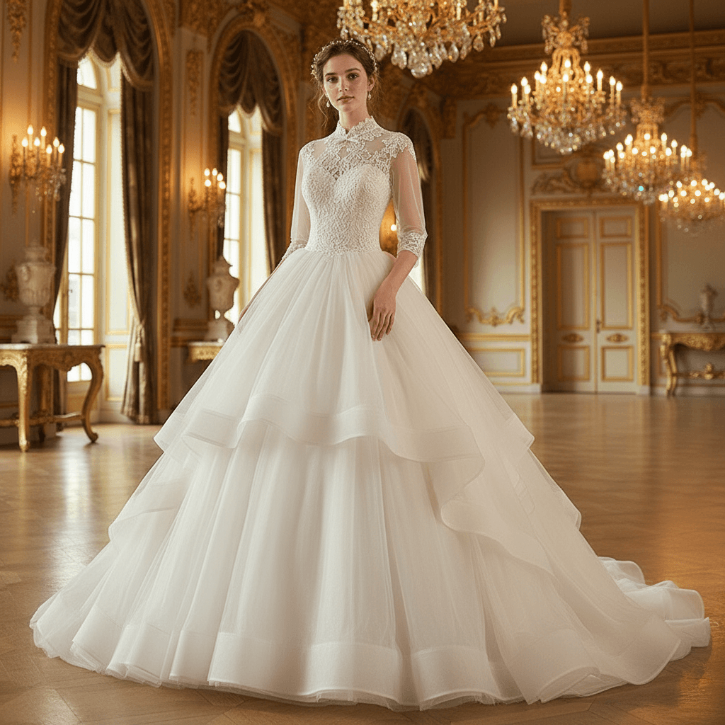 Vue de face d'une robe de mariée princesse vintage à manches longues