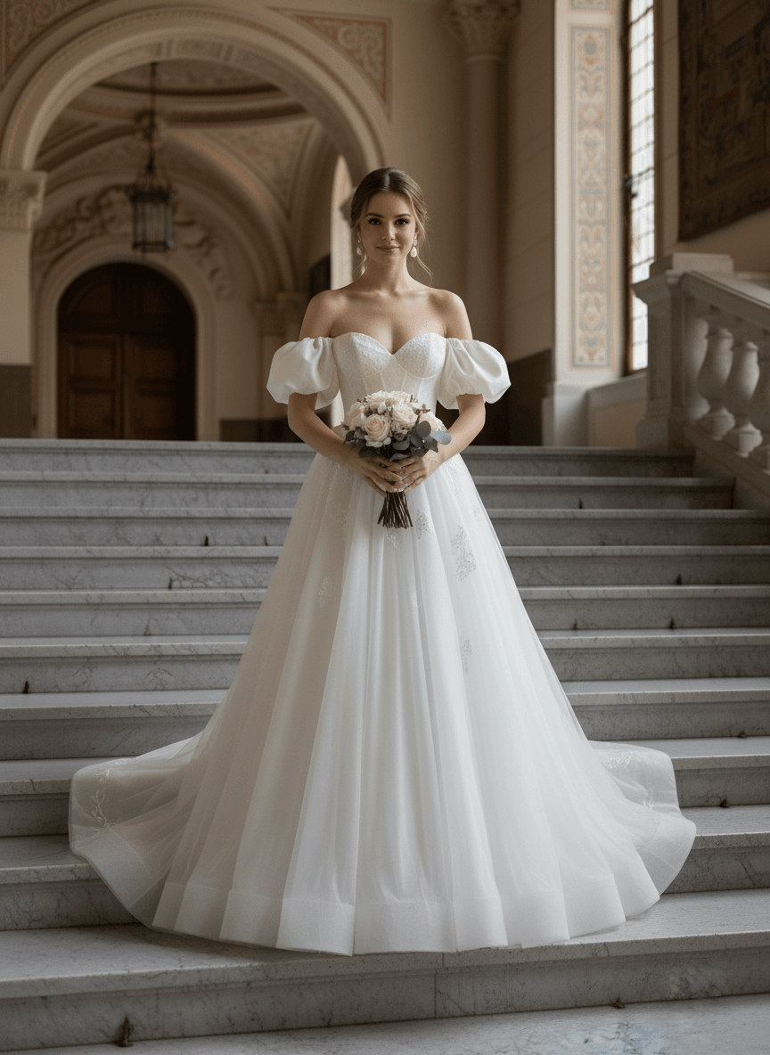 Vue de face d'une robe de mariée princesse volumineuse avec bustier épaules dénudées