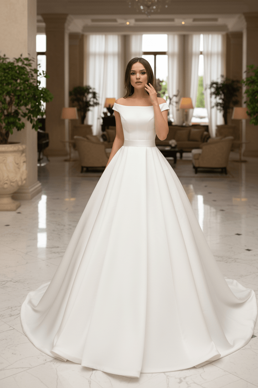 Vue de face d'une robe de mariée en satin avec col bateau élégant