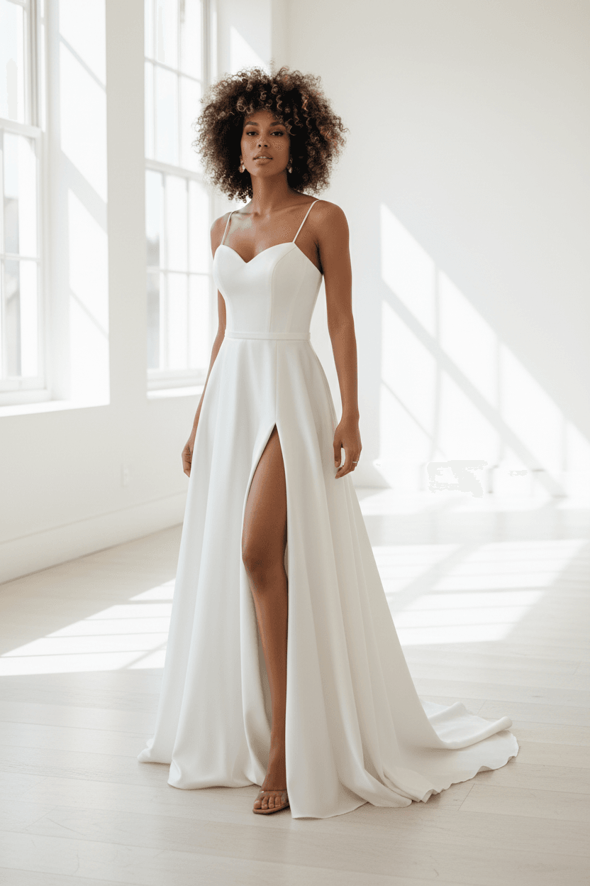 Vue de face robe de mariée satin simple fluide