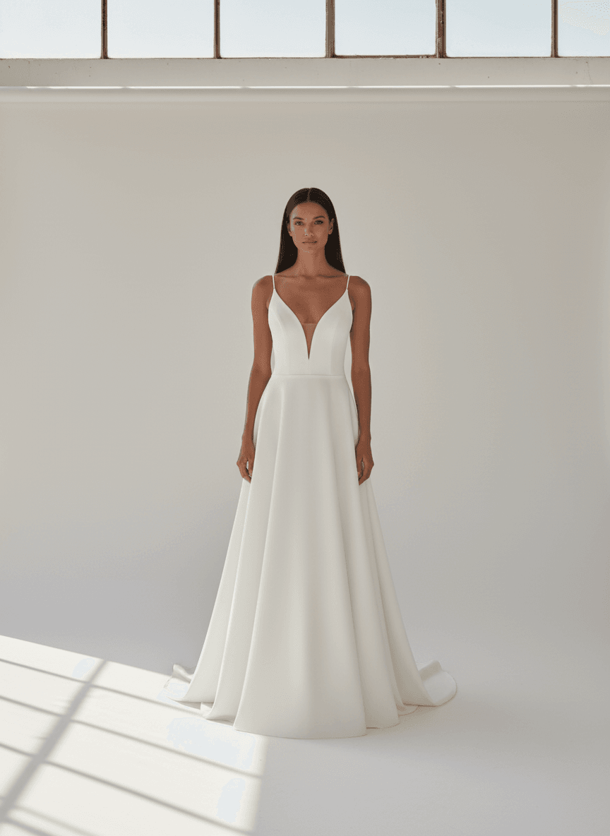 Vue de face d'une robe de mariée simple et chic avec décolleté en V