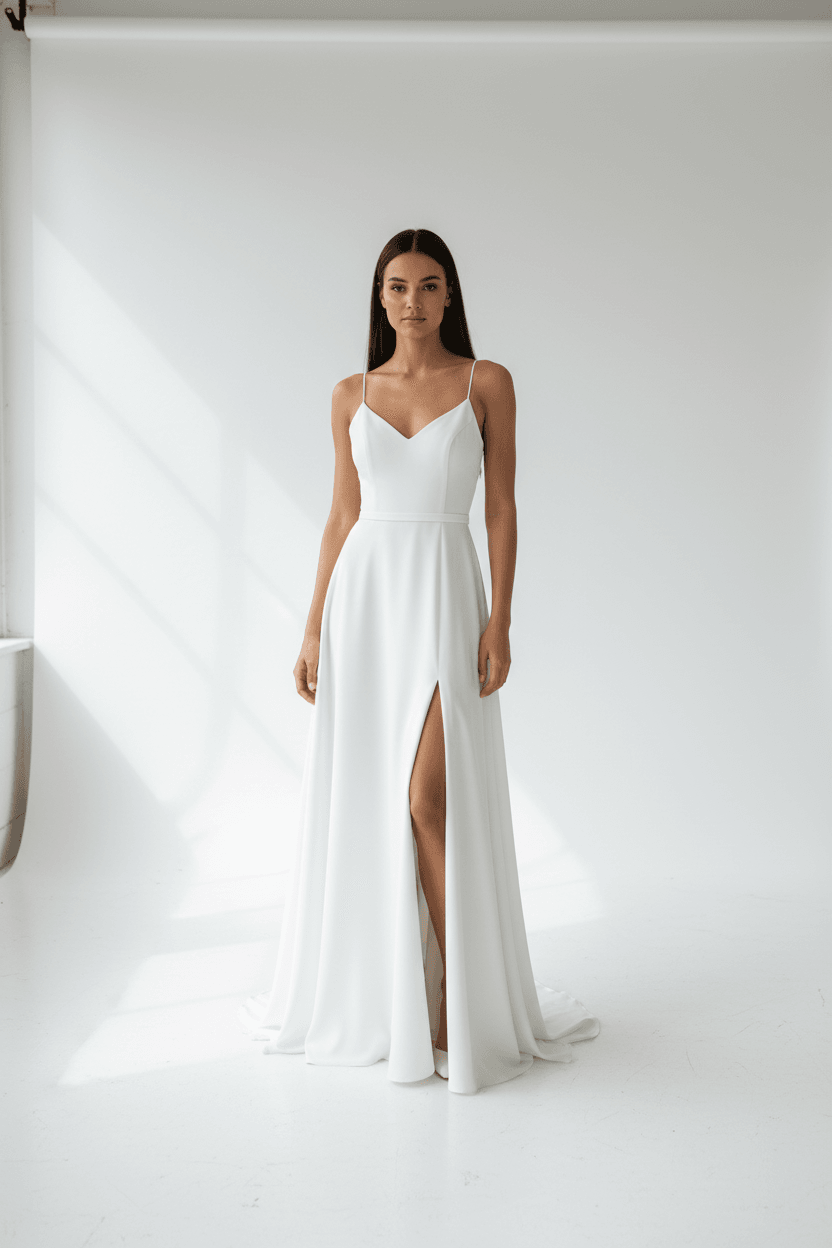 Vue de face d'une robe de mariée simple et fluide avec décolleté et fente