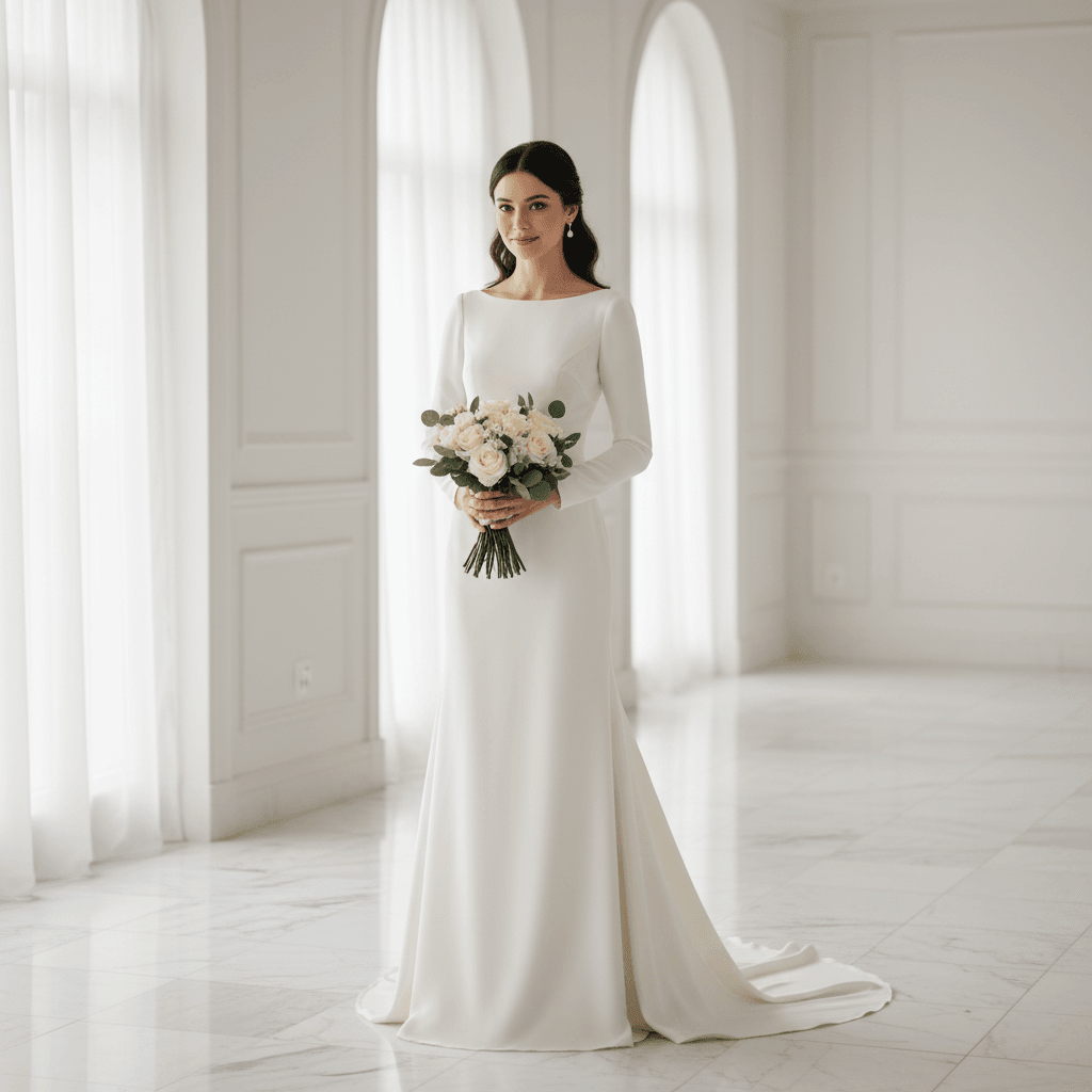 Vue de face d'une robe de mariée simple à manches longues avec encolure bateau