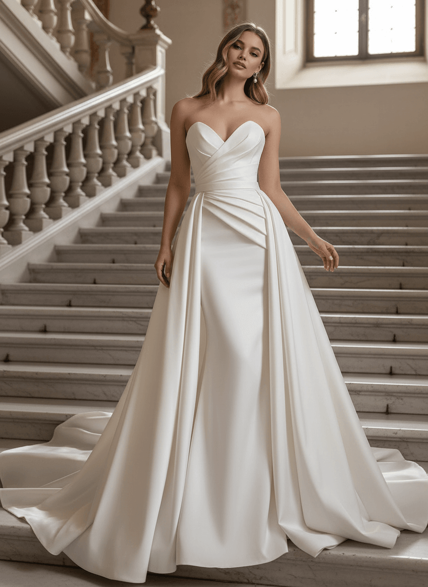 Vue de face d'une robe de mariée sirène bustier en satin drapé