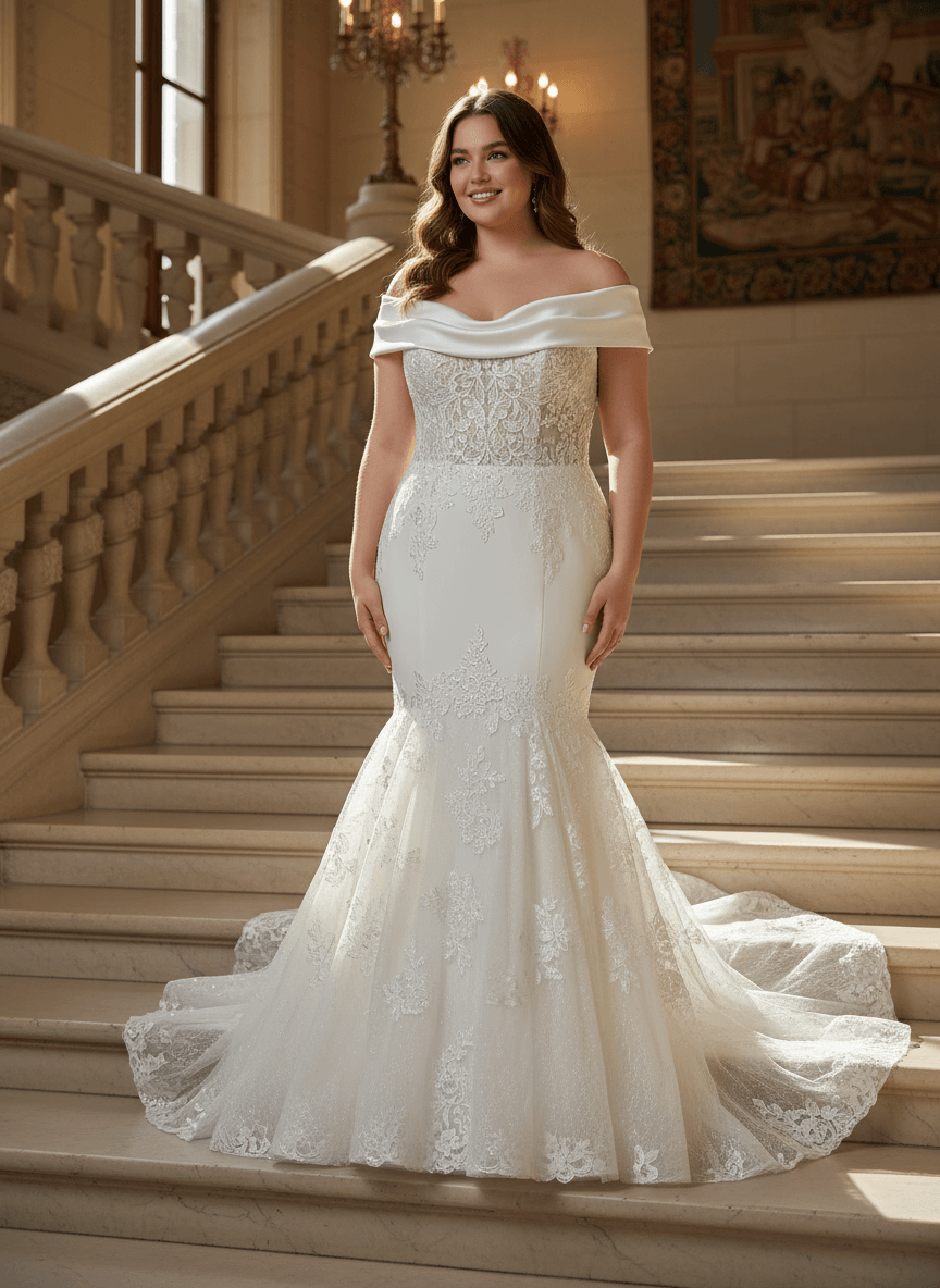 Robe de mariée sirène chic en dentelle et bardot