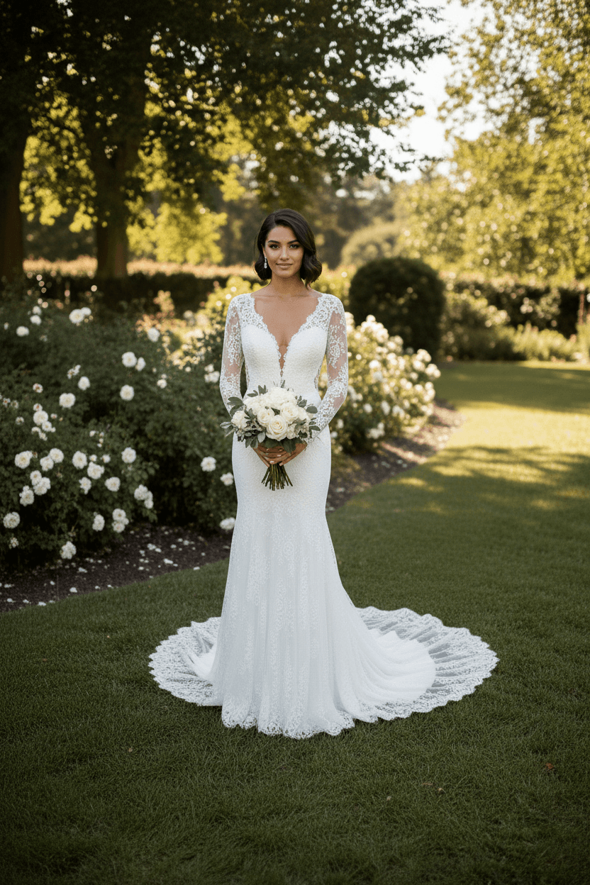 Robe de mariée sirène dos nu avec dentelle et manches longues