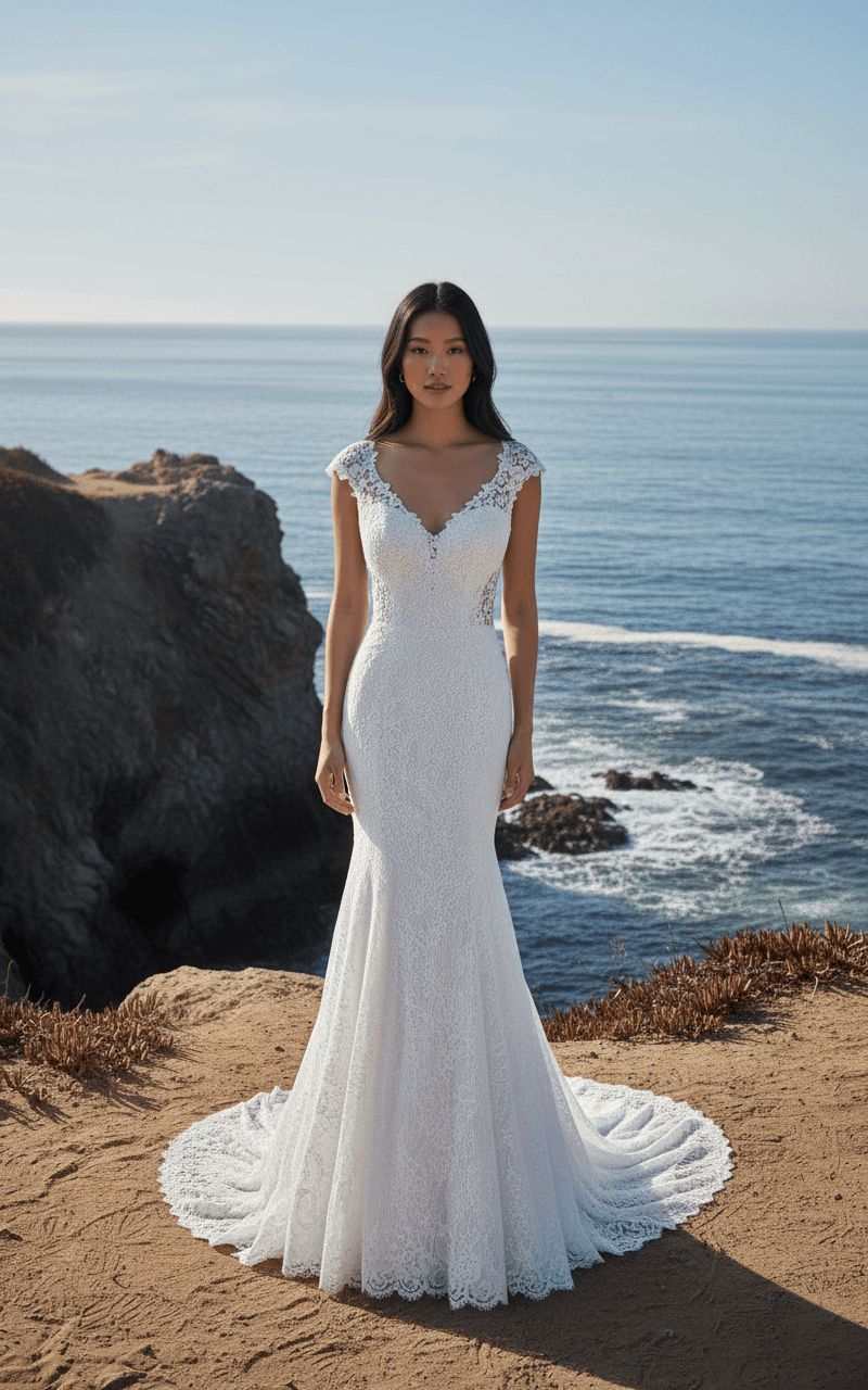 Vue de face d'une robe de mariée sirène en dentelle avec dos nu