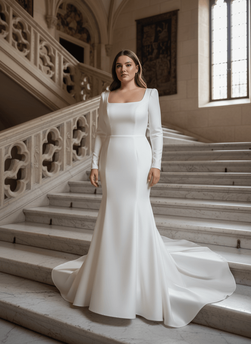 Mariée en robe sirène satin col carré