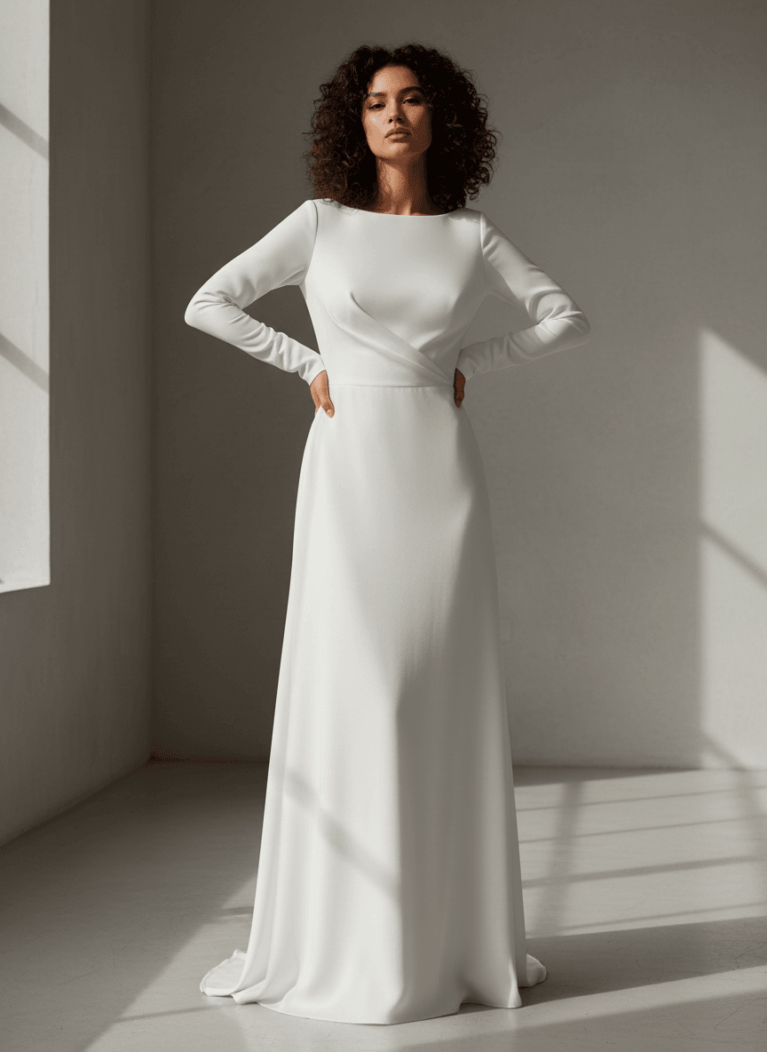 Vue de face d'une robe de mariée sobre minimaliste à col bateau