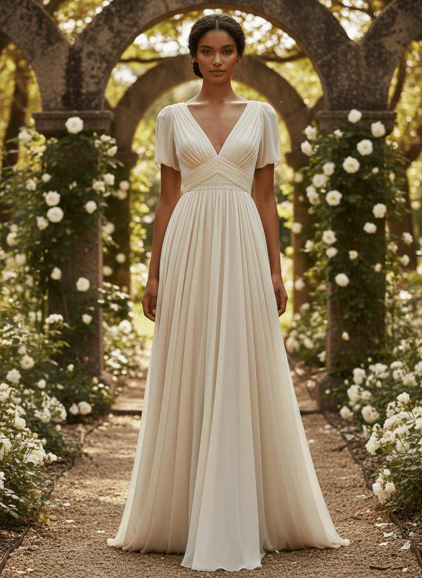 Vue de face d'une robe de mariée style empire grec avec décolleté croisé