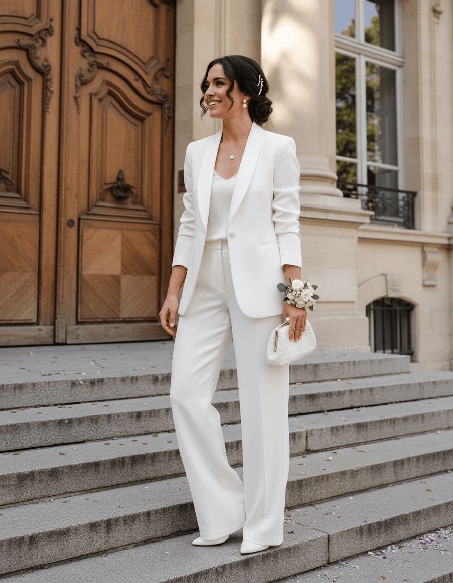 Vue de face d'un tailleur pantalon de mariée élégant avec blazer ajusté