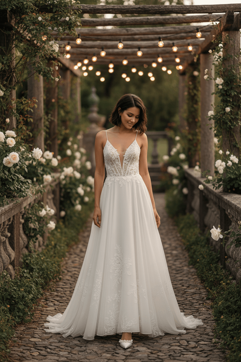 Vue de face robe de mariée trapèze bohème dentelle et bretelles fines