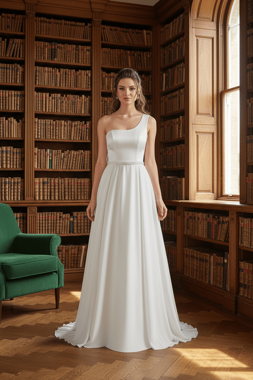 Vue de face d'une robe de mariée trapèze fluide à une épaule