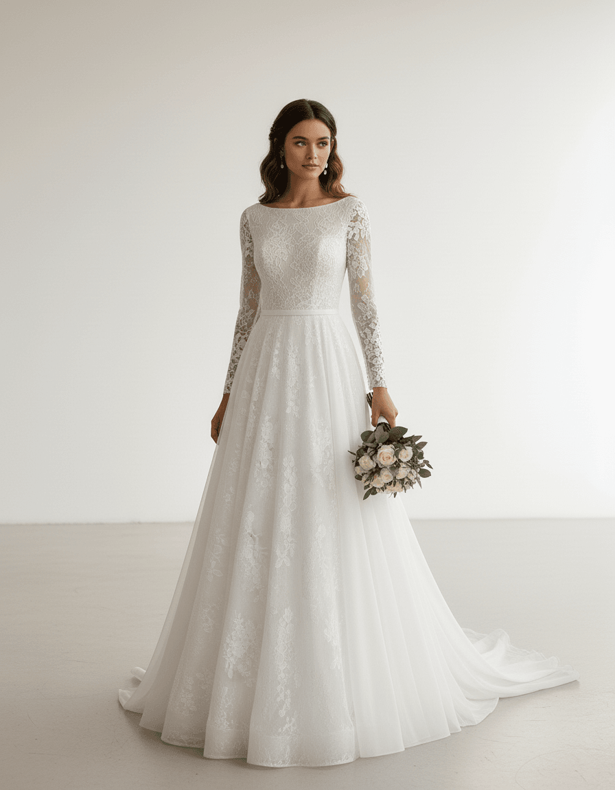 Vue de face d'une robe de mariée trapèze en dentelle avec manches longues