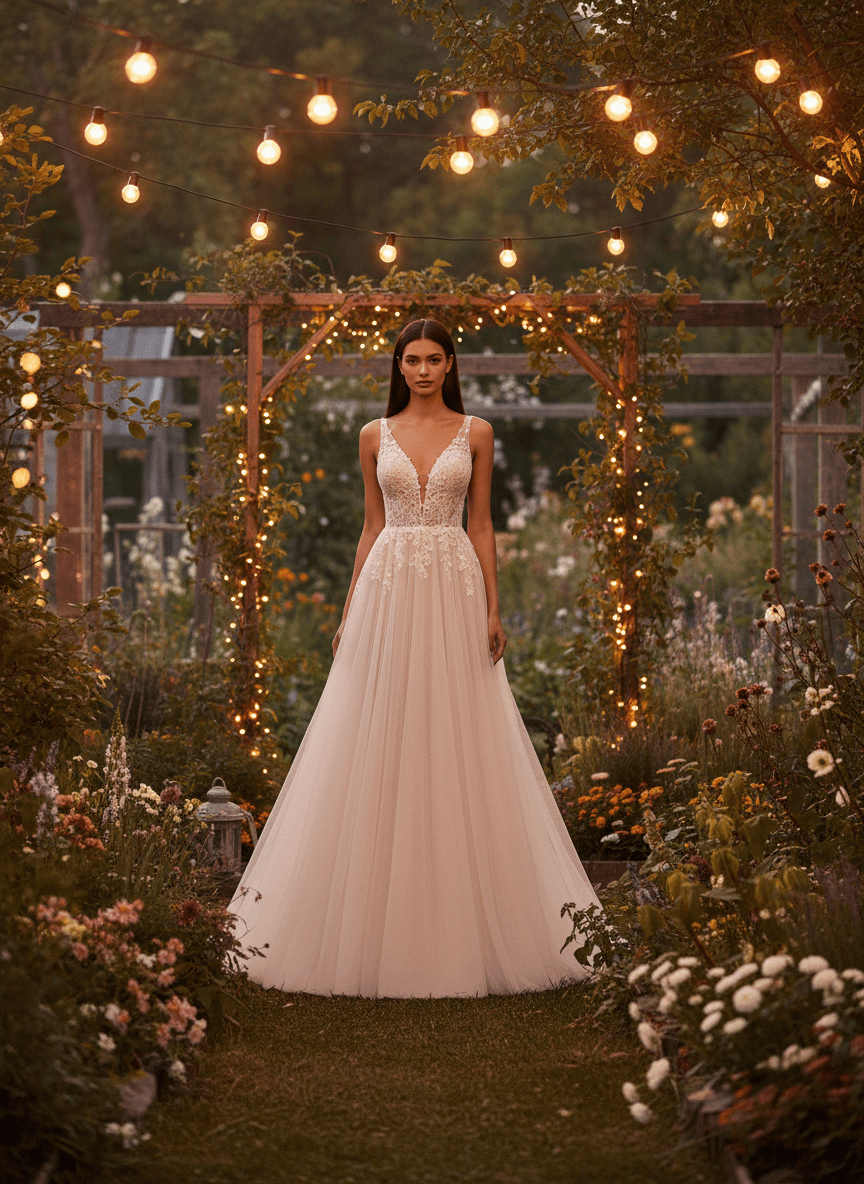 Vue de face d'une robe de mariée fluide en tulle avec dentelle et bretelles fines