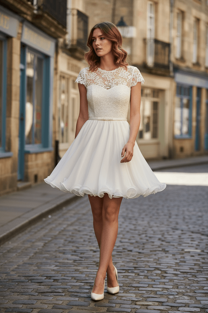 Vue de face robe de mariée vintage courte en dentelle