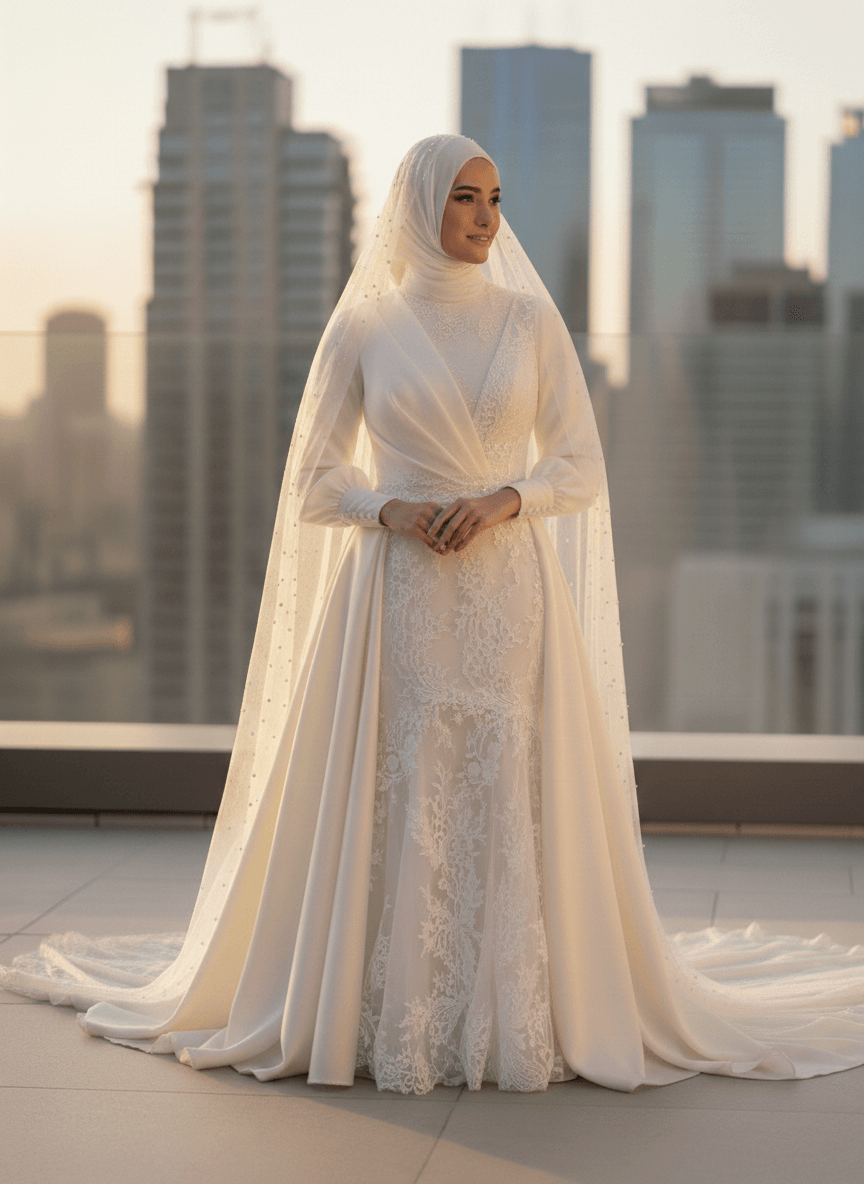 Vue de face d'une robe de mariée voilée moderne en dentelle