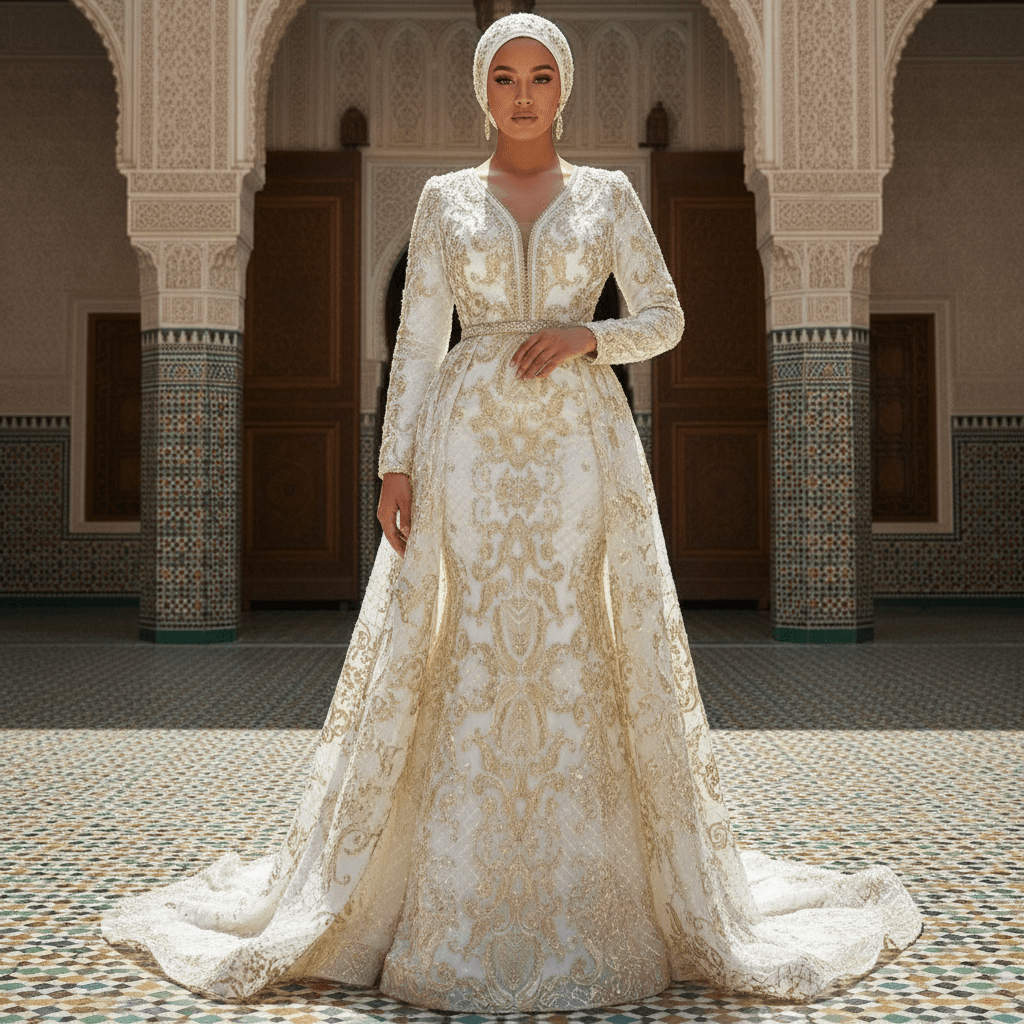 Mariée en robe orientale dorée et élégante