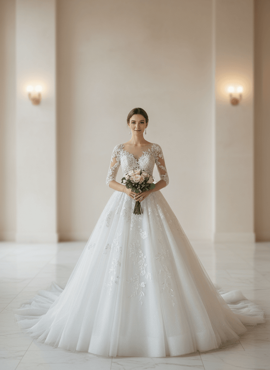 Vue de face d'une robe de mariée bustier princesse avec manches et jupe volumineuse