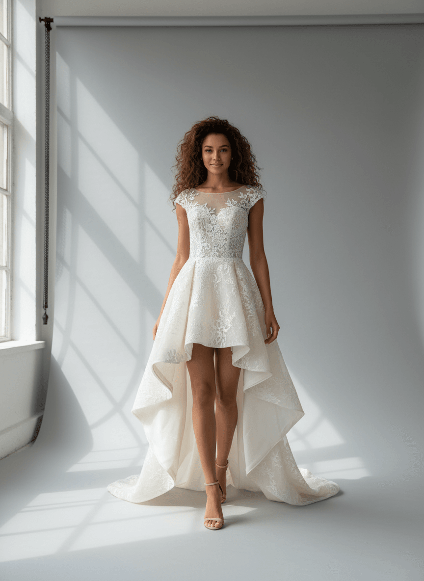 Vue de face robe de mariée courte devant et longue derrière dentelle