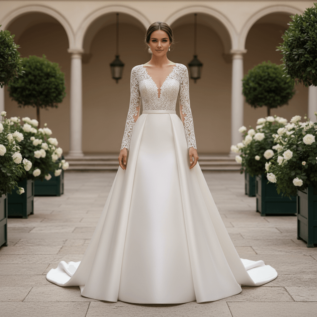 Vue de face d'une robe de mariée princesse manches longues en dentelle