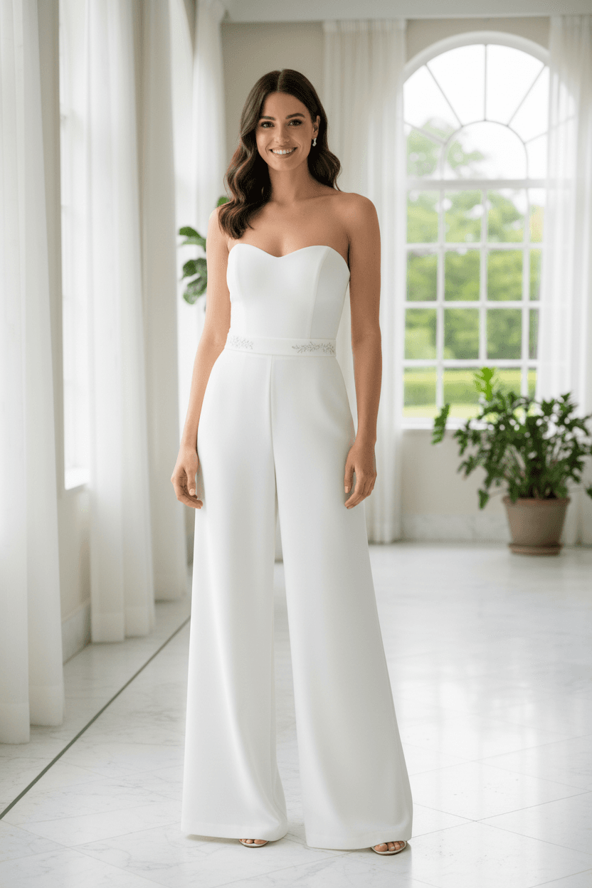 Vue de face d'une combinaison robe de mariée pantalon bustier blanc