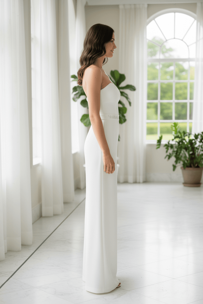 Vue de profil d'une combinaison pantalon de mariée fluide et moderne