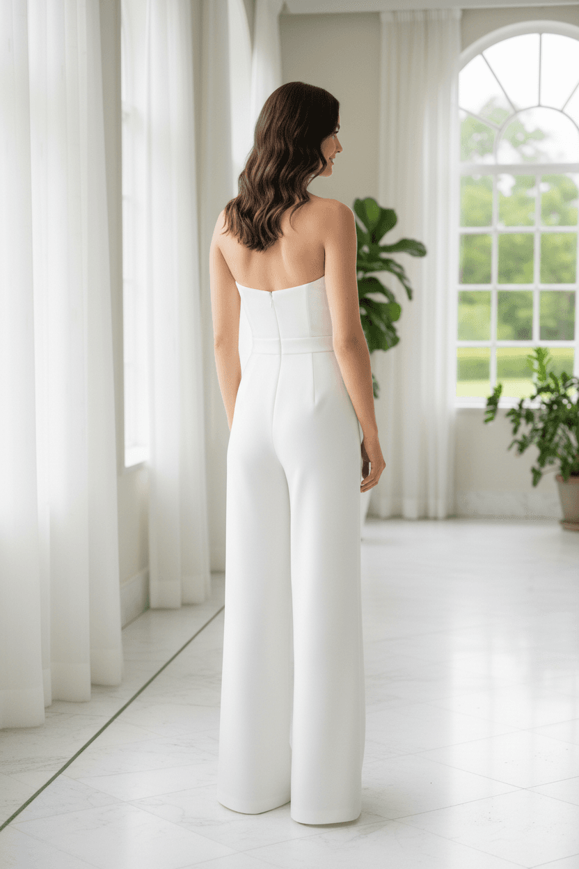 Vue de dos d'une combinaison robe de mariée bustier avec pantalon large