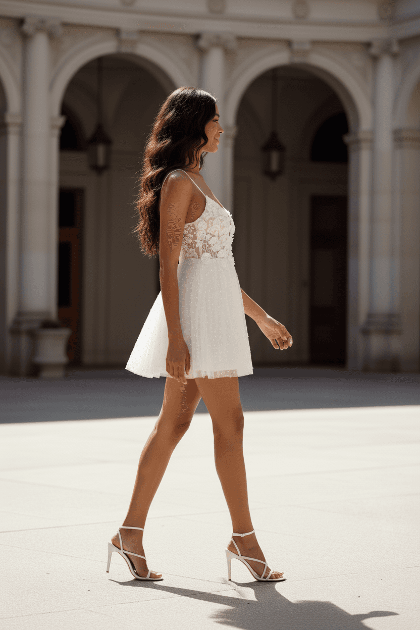 Vue de profil d'une robe de mariée courte bohème fluide avec fines bretelles