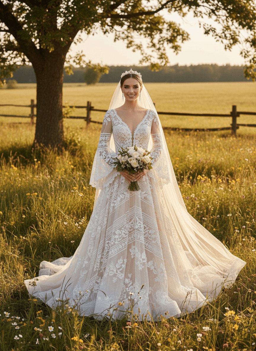Vue de face d'une robe de mariée bohème champêtre en dentelle avec manches évasées