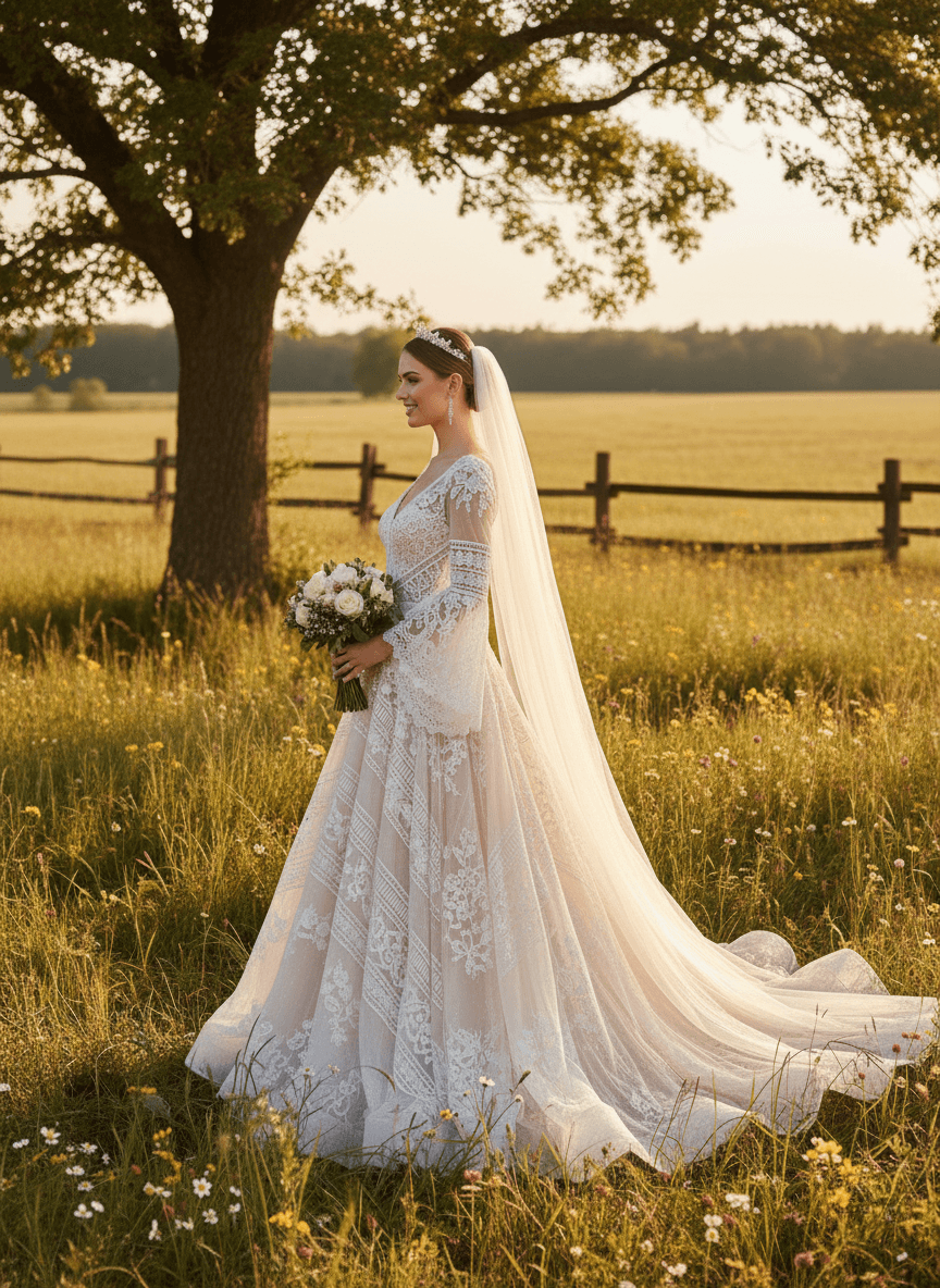 Vue de profil d'une robe de mariée champêtre fluide en dentelle