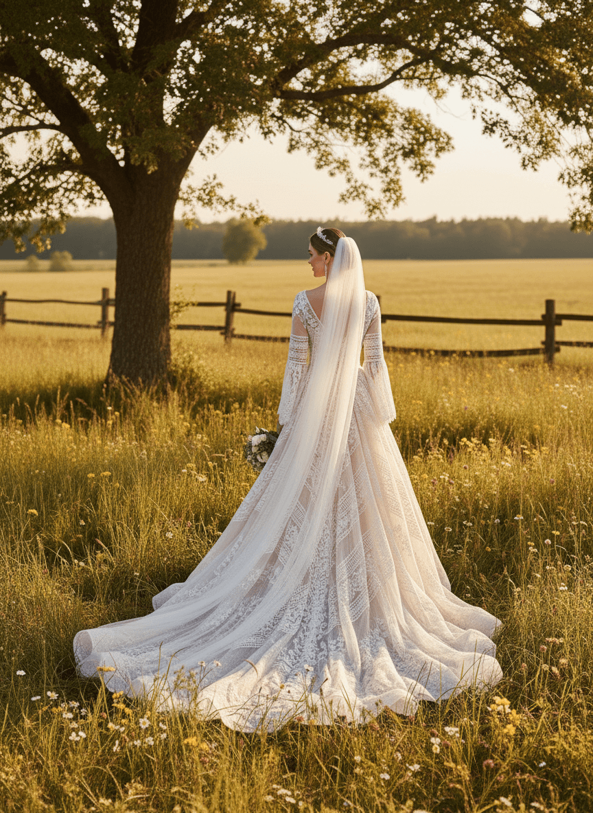 Vue de dos d'une robe de mariée bohème champêtre avec longue traîne romantique