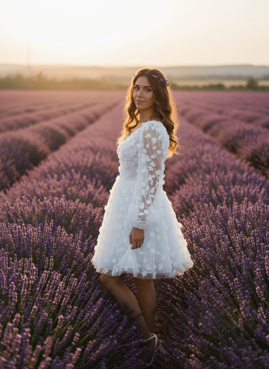 Vue de profil d'une mariée en robe bohème chic manches longues