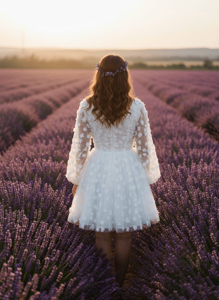 Vue de dos d'une robe bohème chic courte dans un champ de lavande