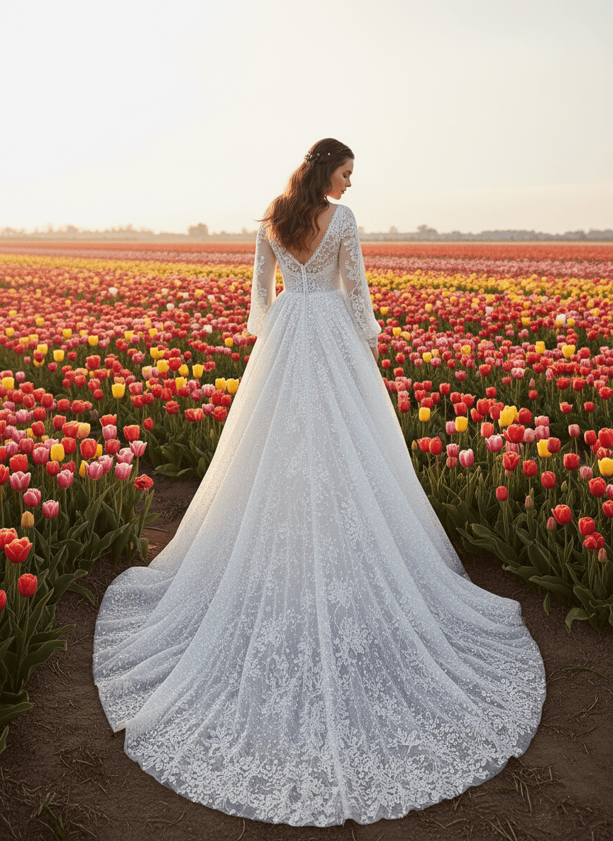 Robe de mariée bohème dentelle avec traîne dans un champ de fleurs