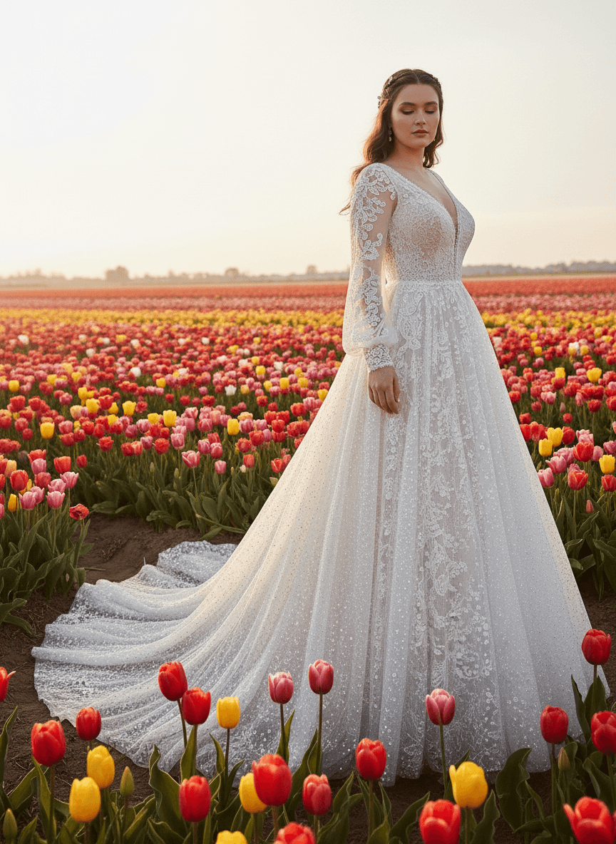 Profil d'une mariée en robe bohème dentelle manches longues