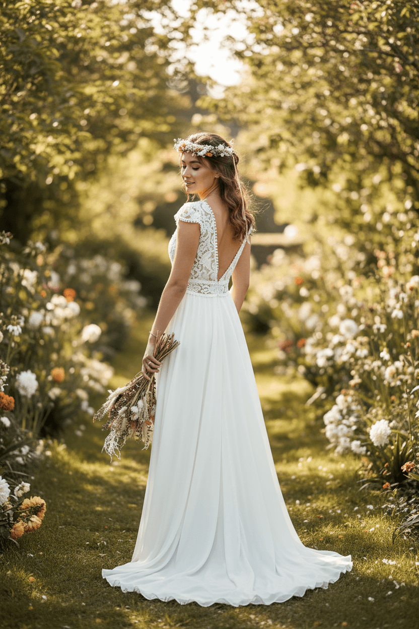 Profil d'une robe de mariée bohème dos nu avec dentelle